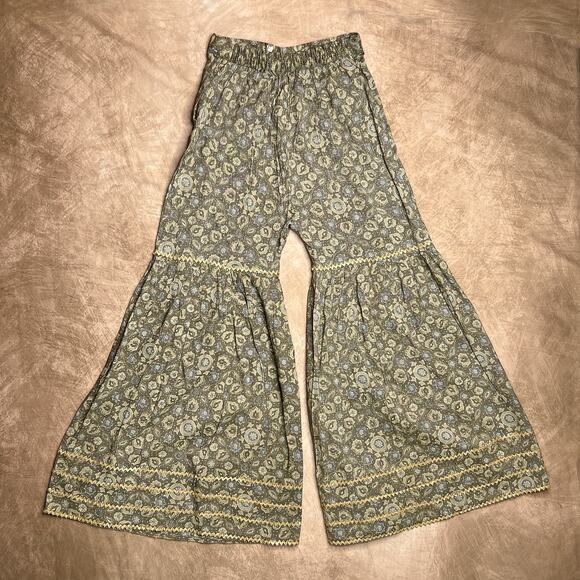 Vintage 70s High Rise Wide Leg Cropped Floral Print Bell Bottom Flare Pants Boho - Picture 8 of 10